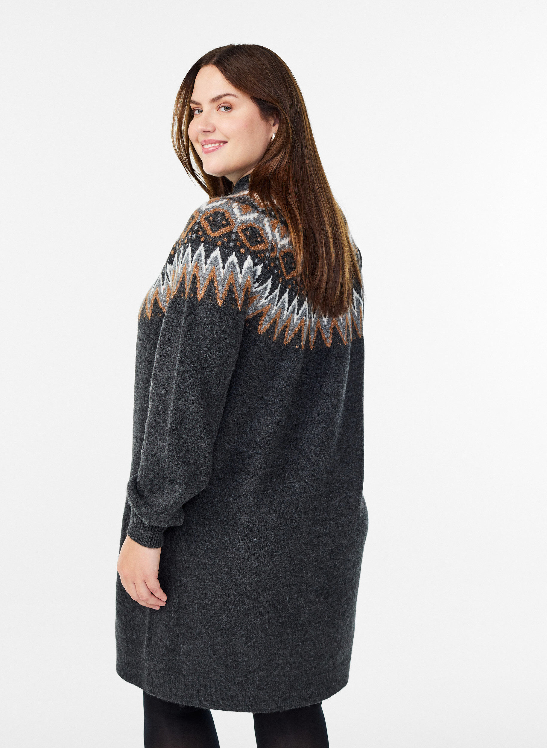 Zizzi Gebreide jurk met jacquardpatroon en ballonnenmouwen, Grijs, Model image number 2