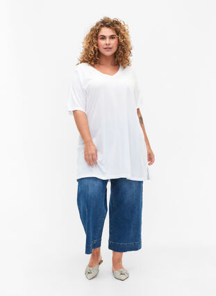 Effen kleur oversized v-hals t-shirt, Bright White, Model image number 2
