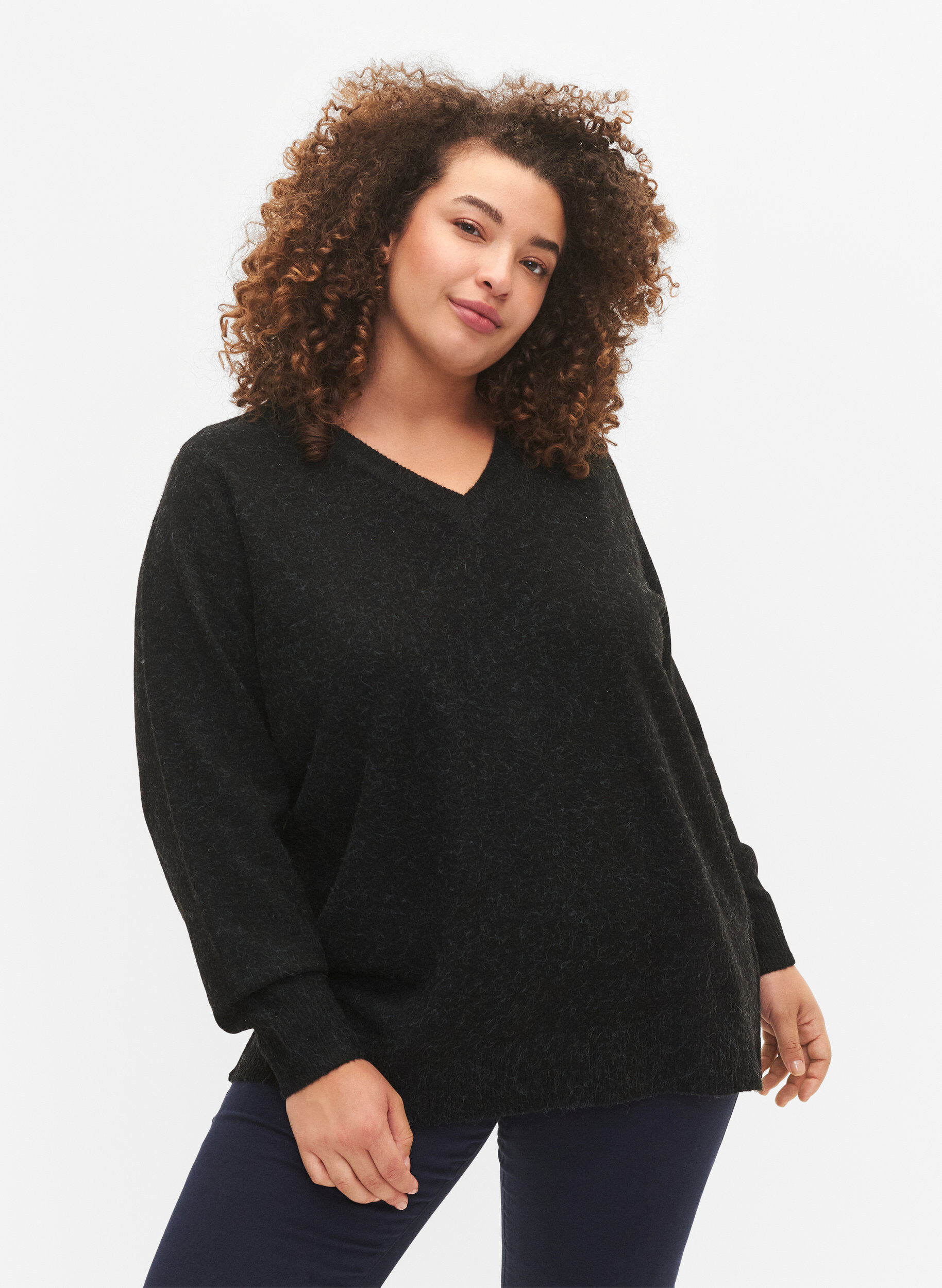 ZizziGemele&ecirc;rde trui met V-hals, Dark Grey Melange, Model image number 0