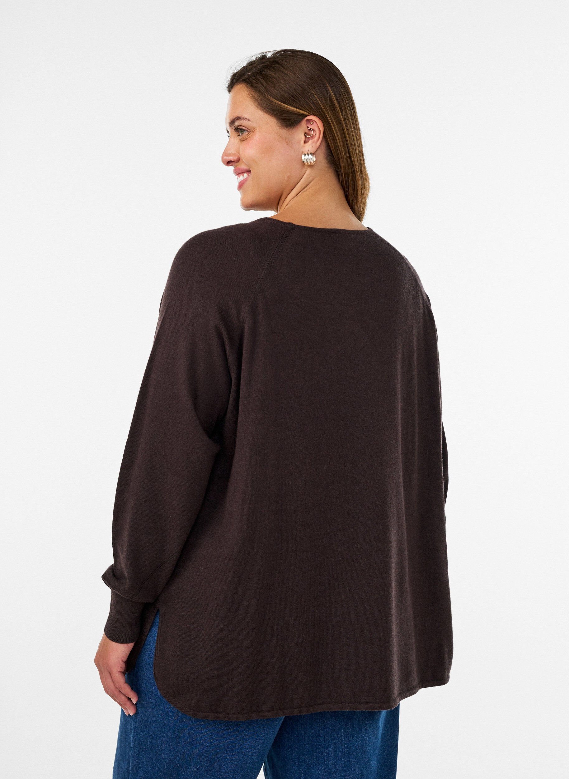 ZizziGebreide top met ronde hals en ingebreid patroon, Bruin, Model image number 2
