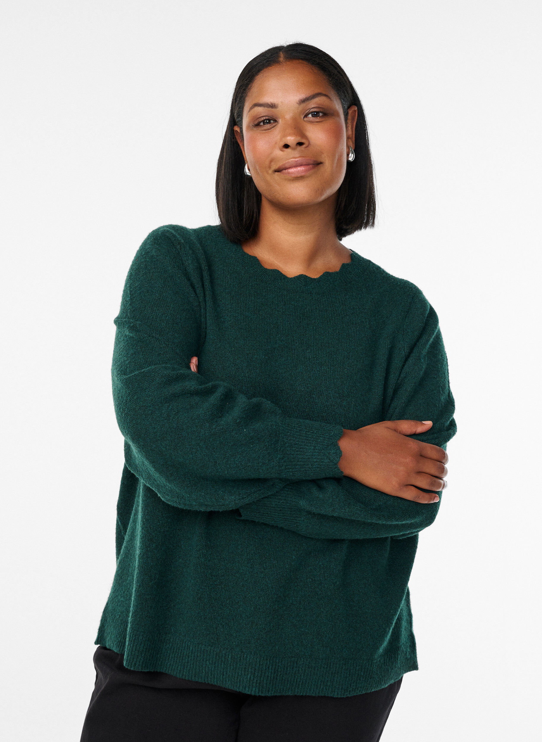 Gebreide blouse met golvende randen, Groen, Model