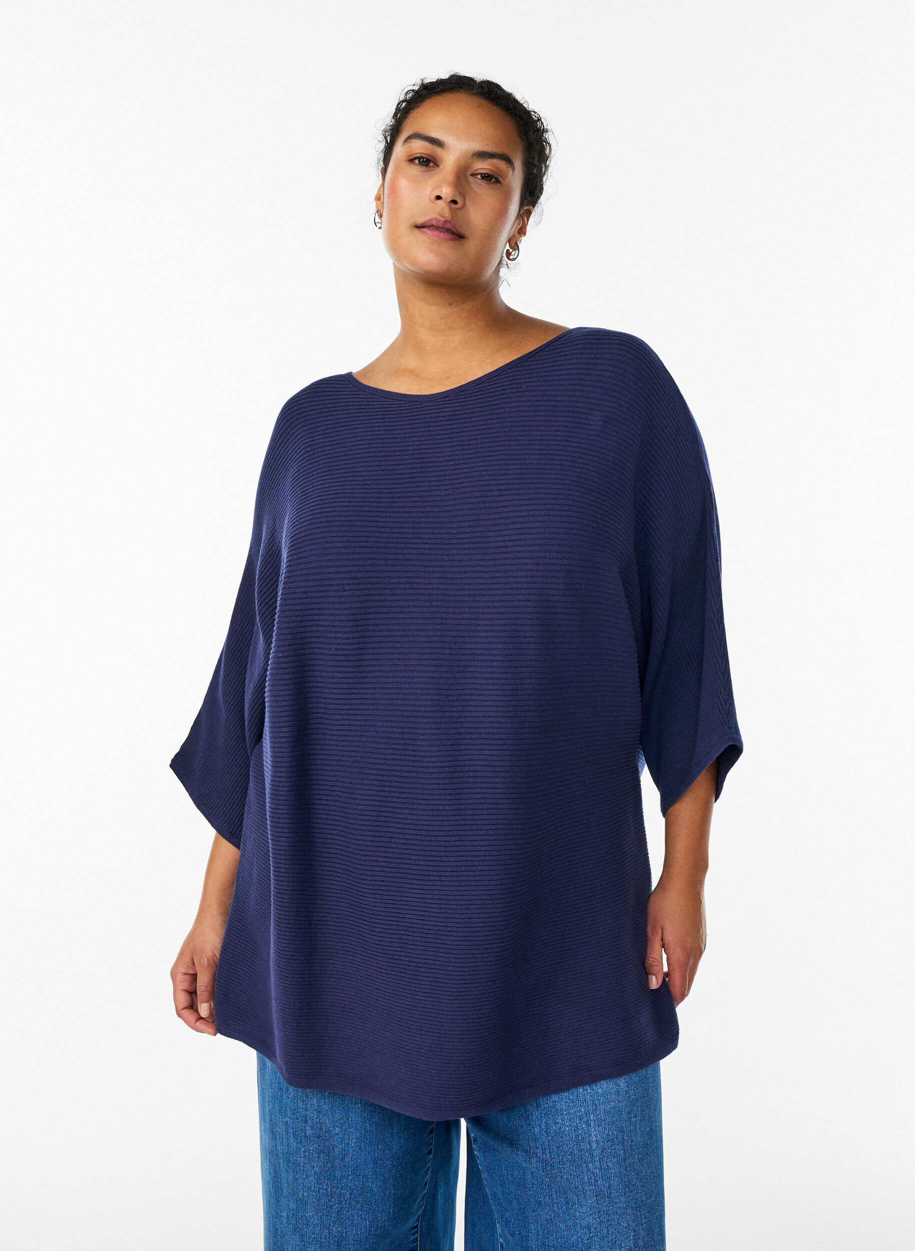 Zizzi Gebreide top met boothals en 1/2 mouwen, Blauw, Model image number 0