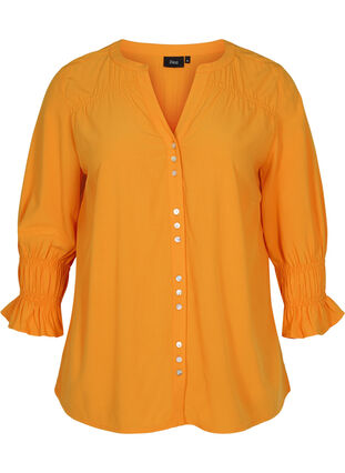Viscose blouse met knoopsluiting en 3/4-mouwen, Tangelo, Packshot image number 0