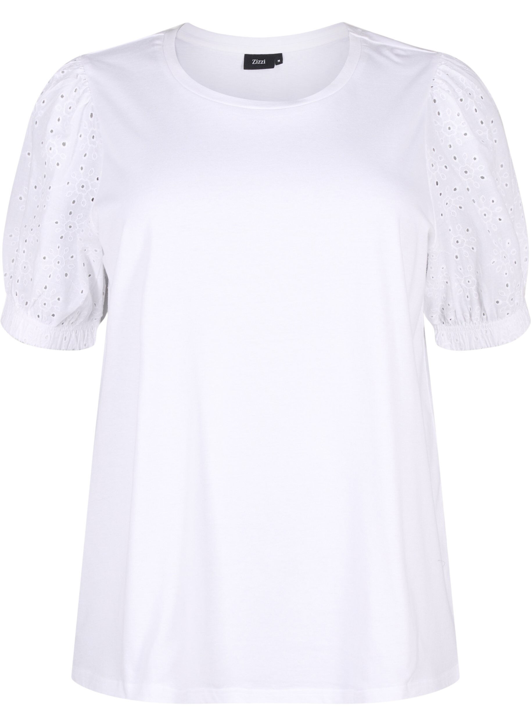 Zizzi Biologisch katoenen blouse met broderie anglaise mouwen, Bright White, Packshot image number 0