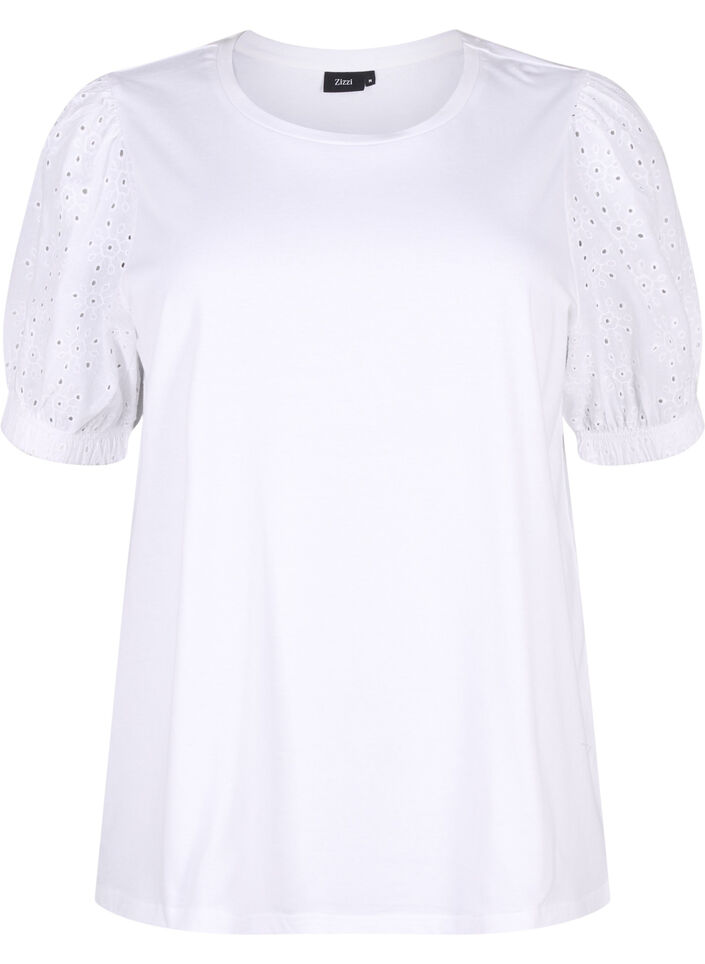 Biologisch katoenen blouse met broderie anglaise mouwen, Bright White, Packshot image number 0