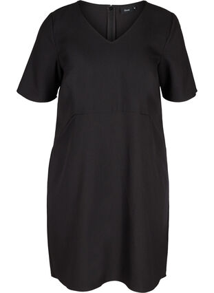 Effen etui-jurk met v-hals, Black, Packshot image number 0