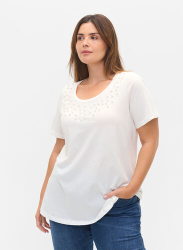 Katoenen T-shirt met parels, Warm Off-white, Model image number 0