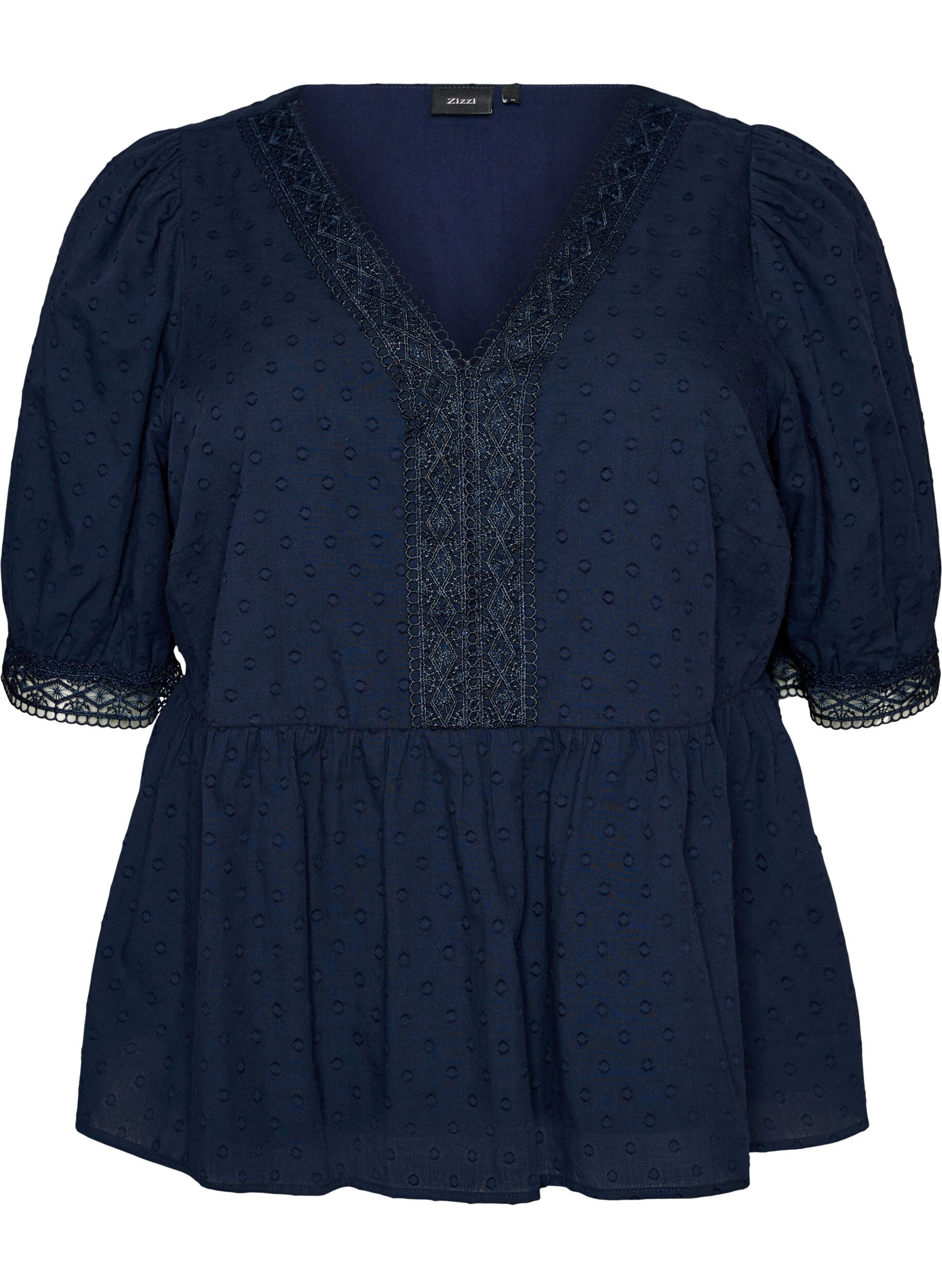 Zizzi Blouse van gestructureerd katoen met crochet details, Blauw, Packshot image number 0