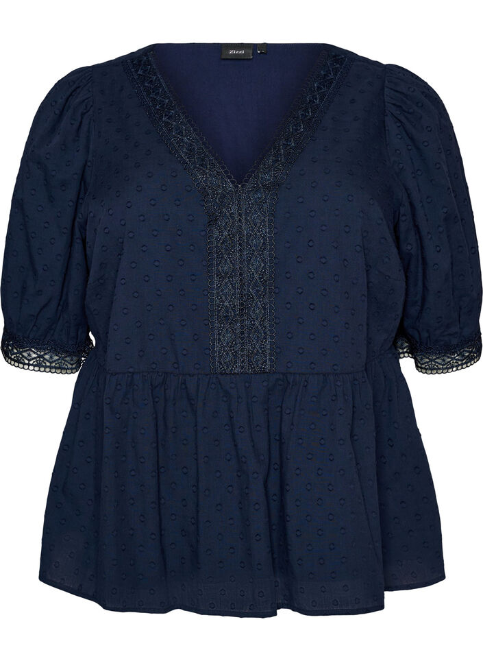 Blouse van gestructureerd katoen met crochet details, Blauw, Packshot image number 0