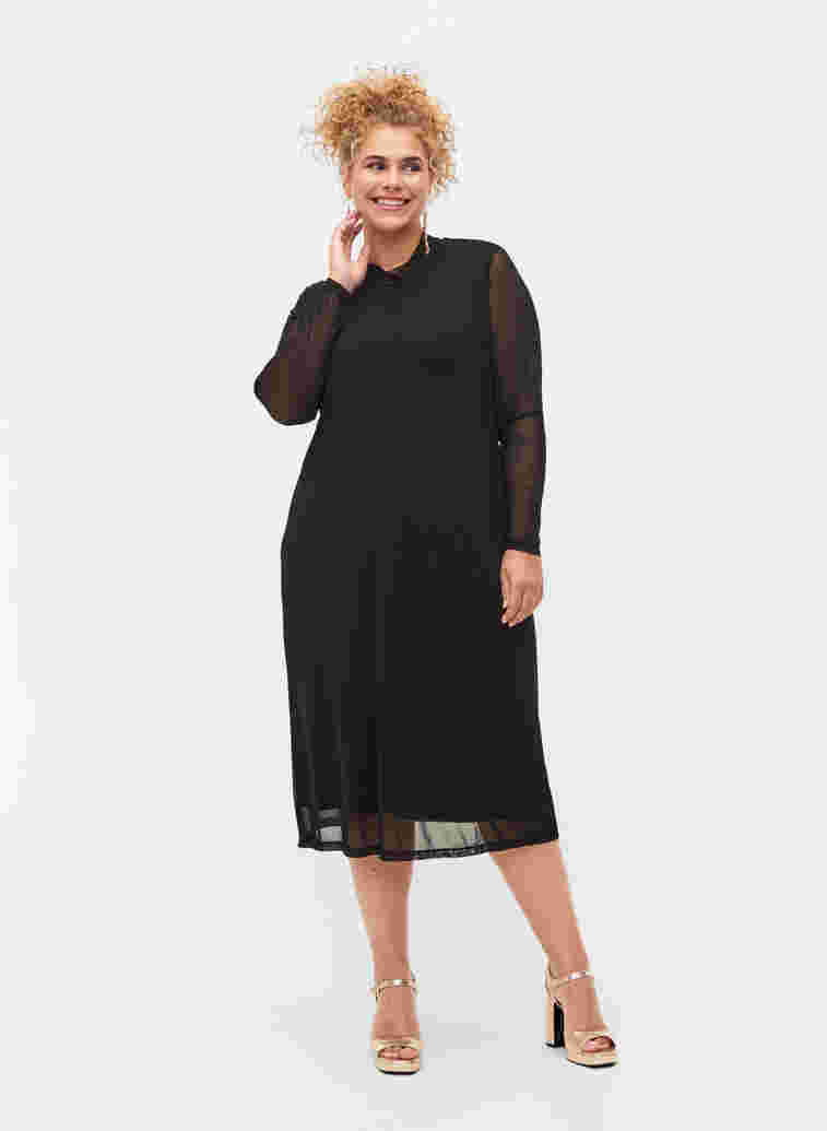 Midi-jurk met lange mouwen in mesh, Black, Model image number 0