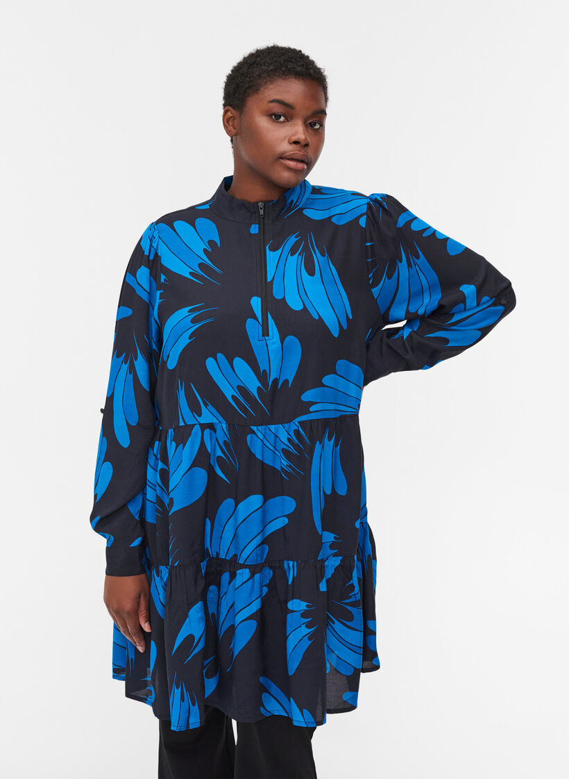 Viscose tuniek met rits en print, Dark Blue AOP, Model image number 0