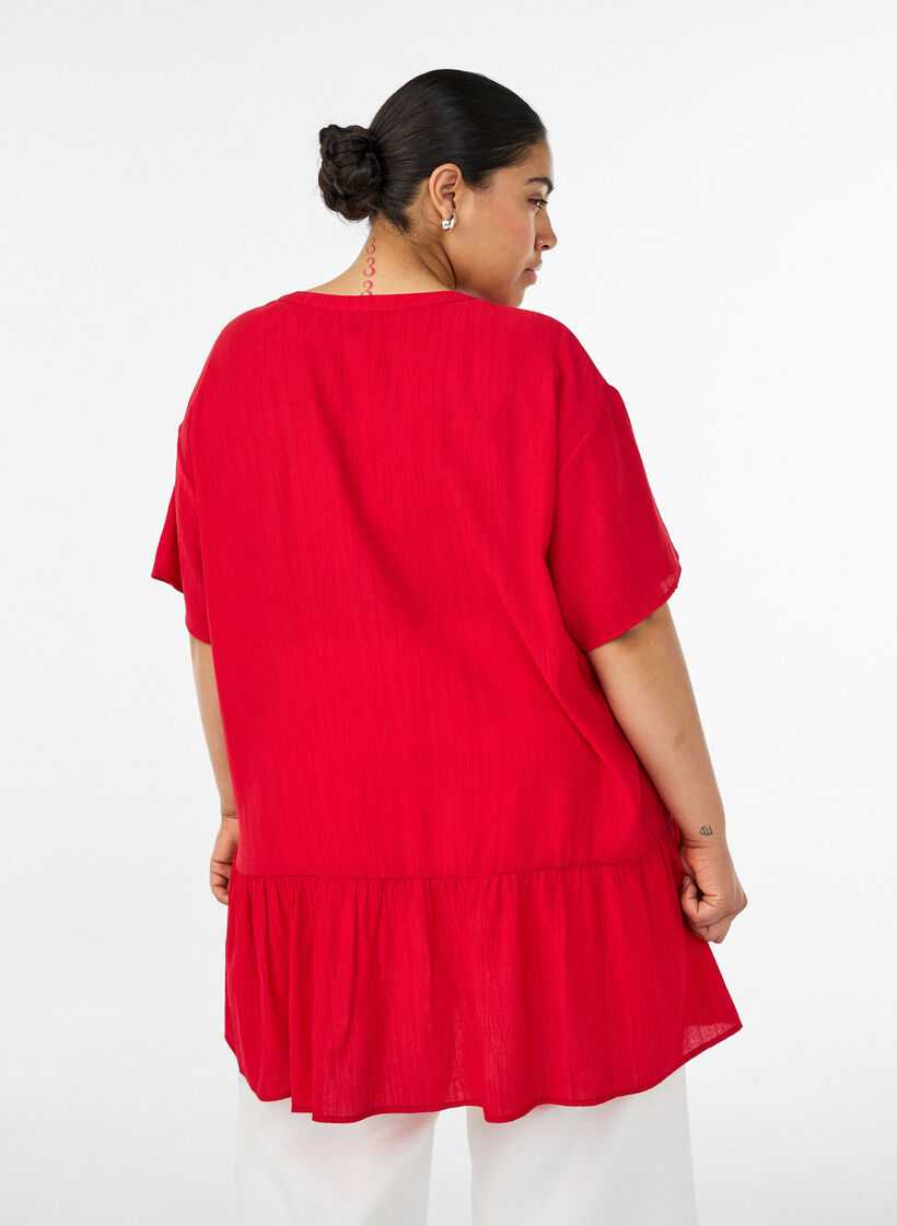 Losse tuniek met gekreukte structuur en rucherand, Rood, Model image number 2
