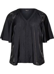Viscose blouse met V-hals en decoratieve details, Zwart