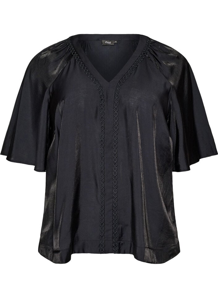 Viscose blouse met V-hals en decoratieve details, Zwart, Packshot image number 0