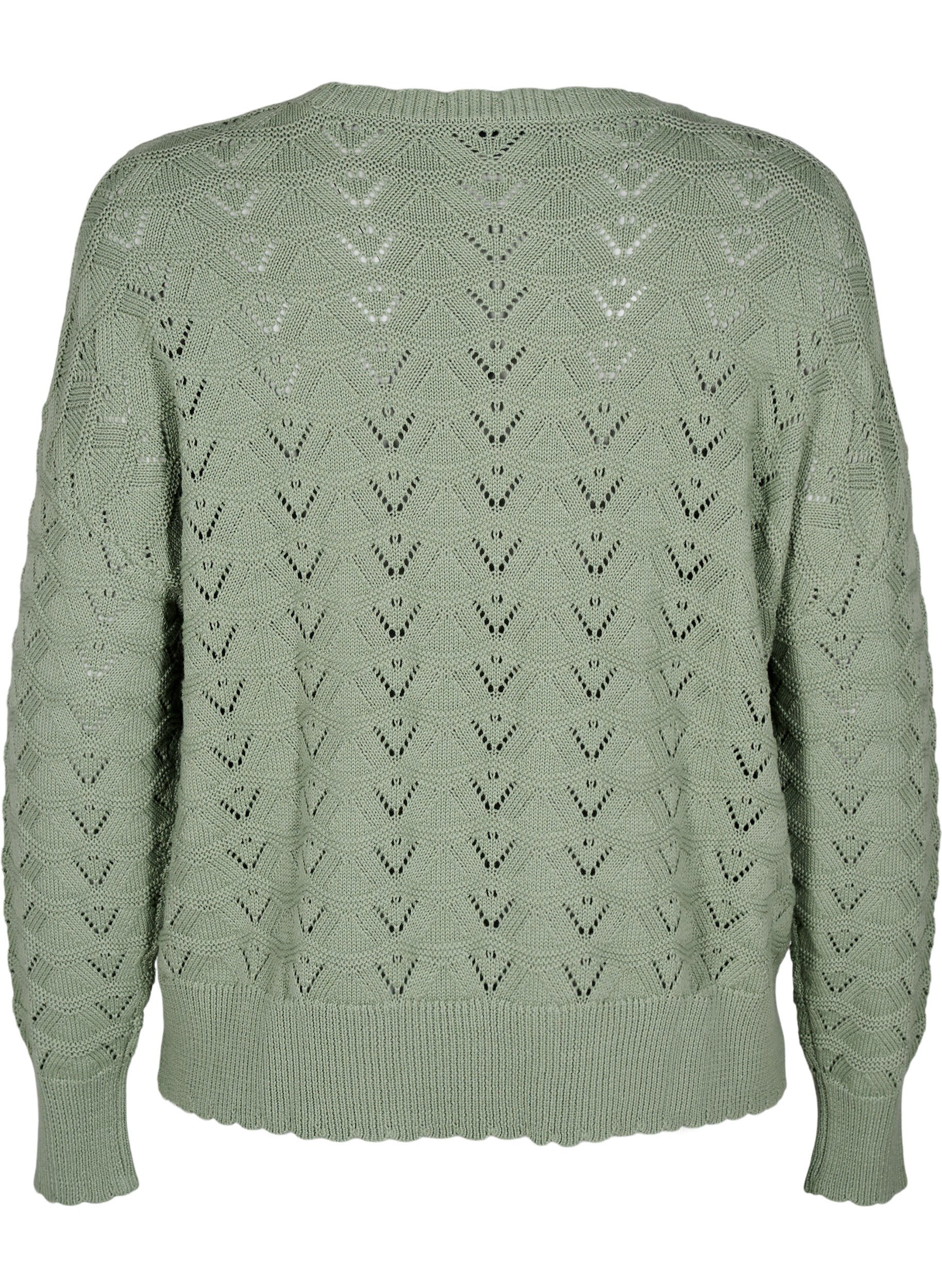 Zizzi Gebreide blouse met lange mouwen en een opengewerkt patroon, Green Bay, Packshot image number 1