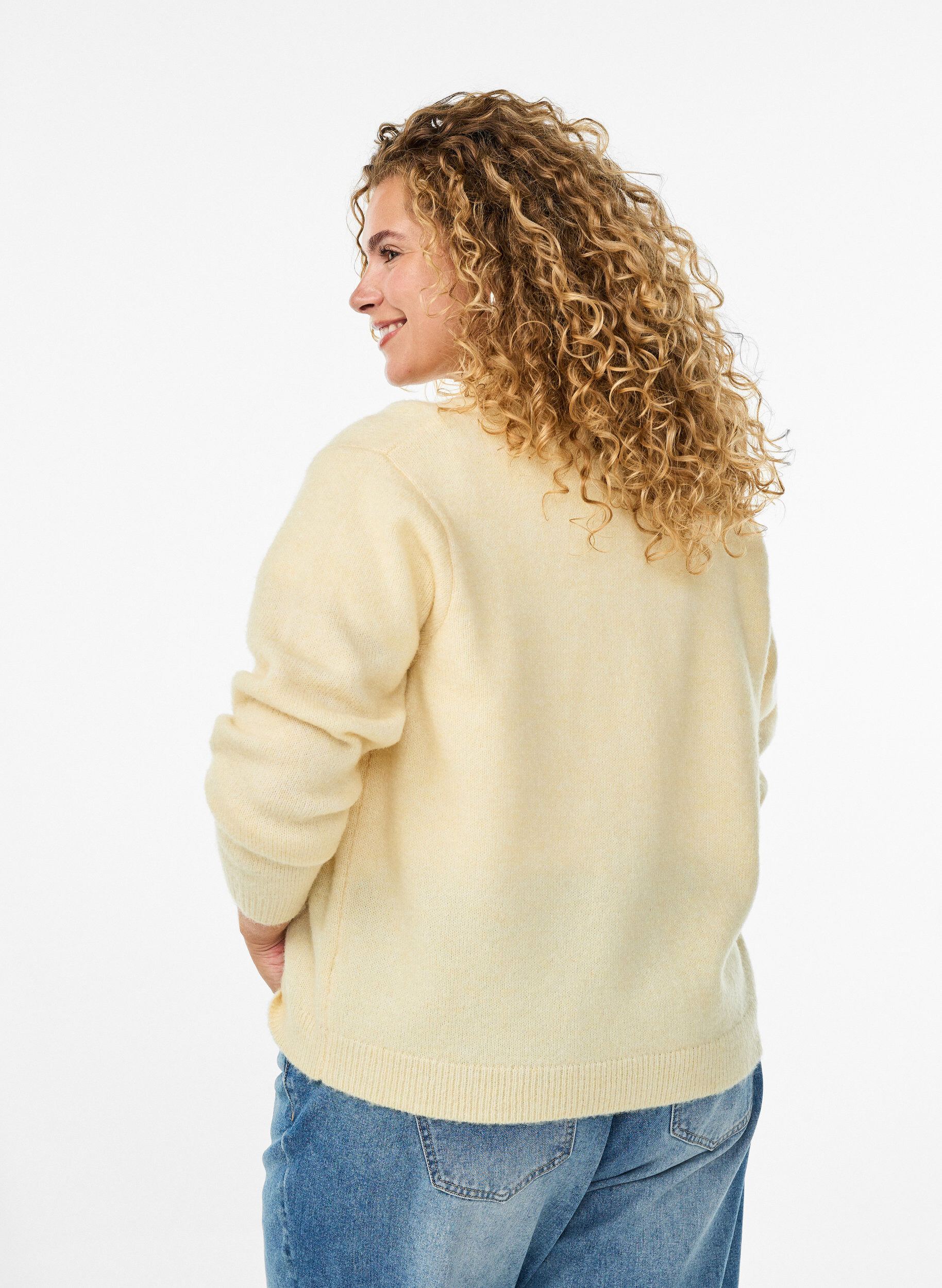 Zizzi Gebreide cardigan met kraag en knopen, Geel, Model image number 2