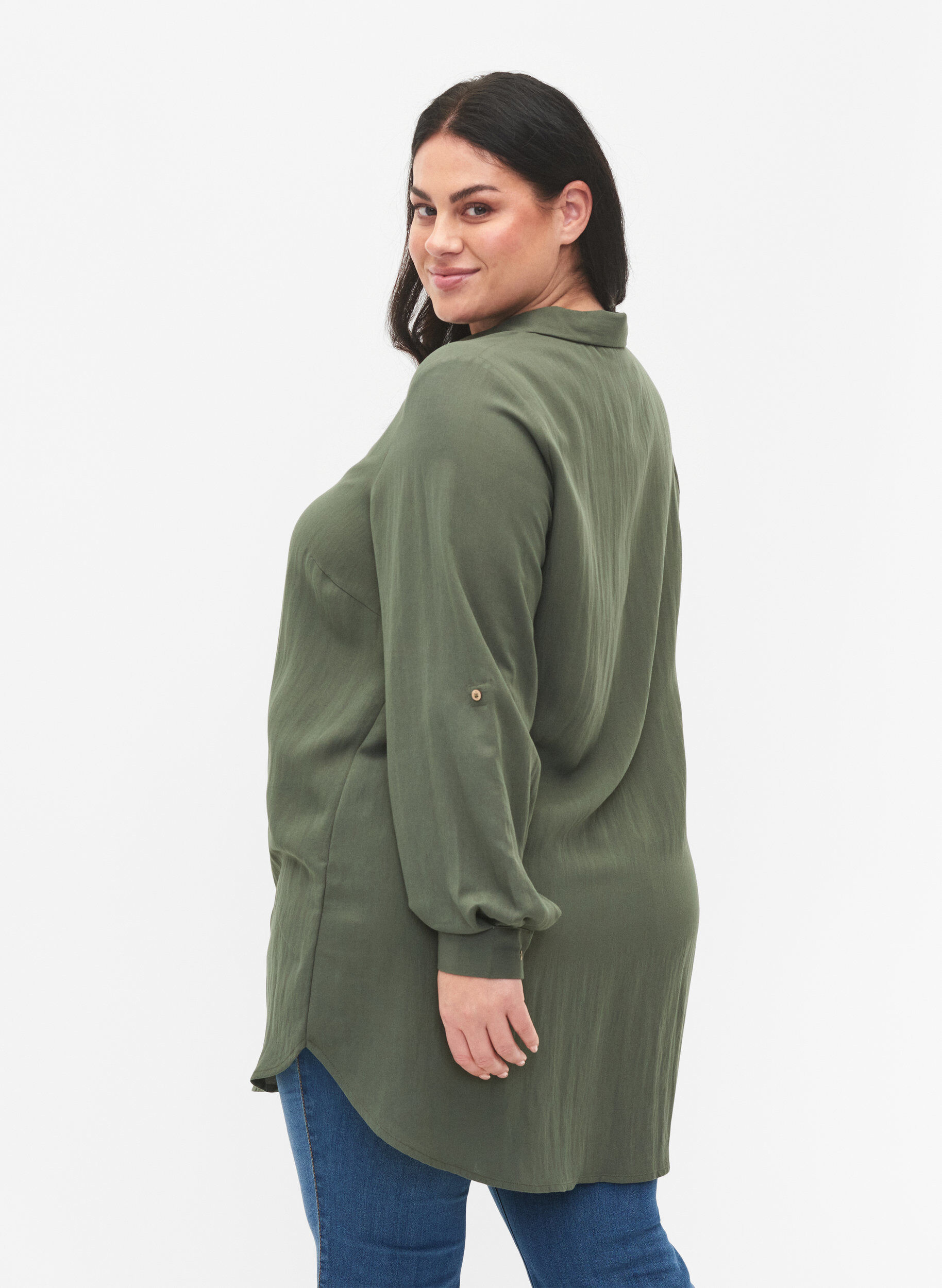 Zizzi Lang effen overhemd van viscose, Thyme, Model image number 1