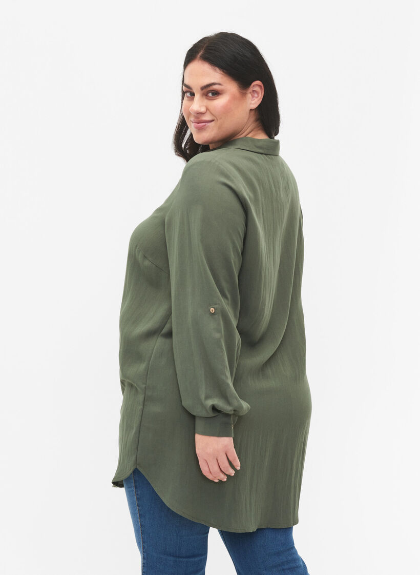 Lang effen overhemd van viscose, Thyme, Model image number 1