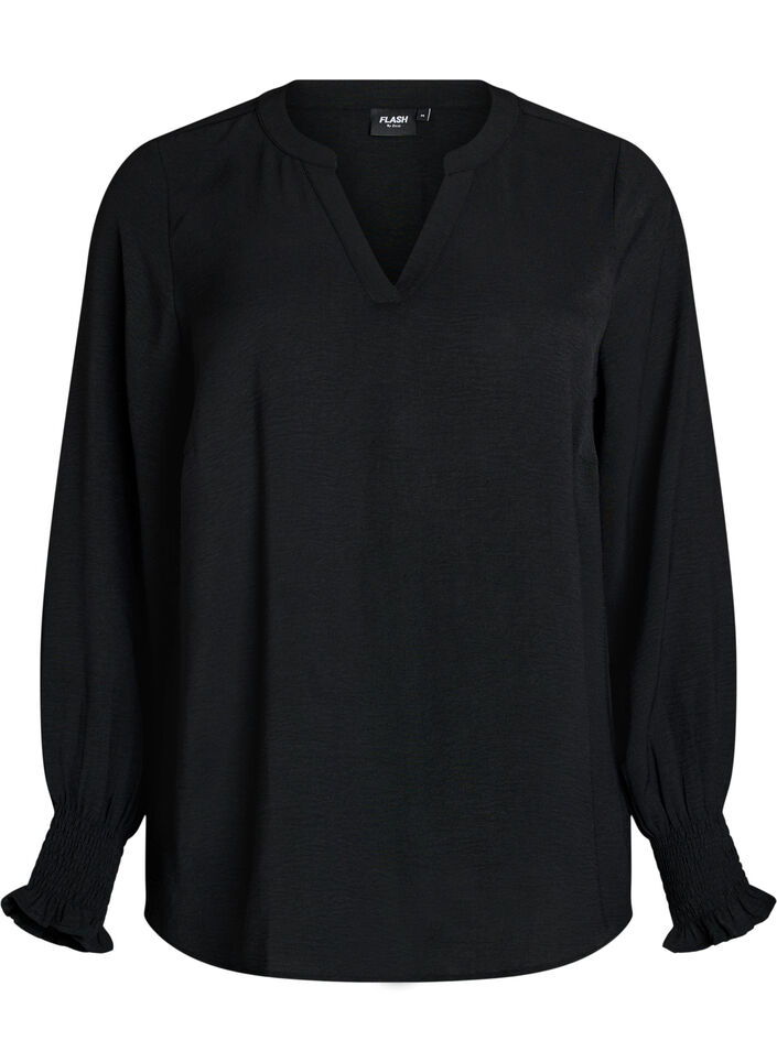 Blouse met smockmanchetten en V-hals, Zwart, Packshot image number 0