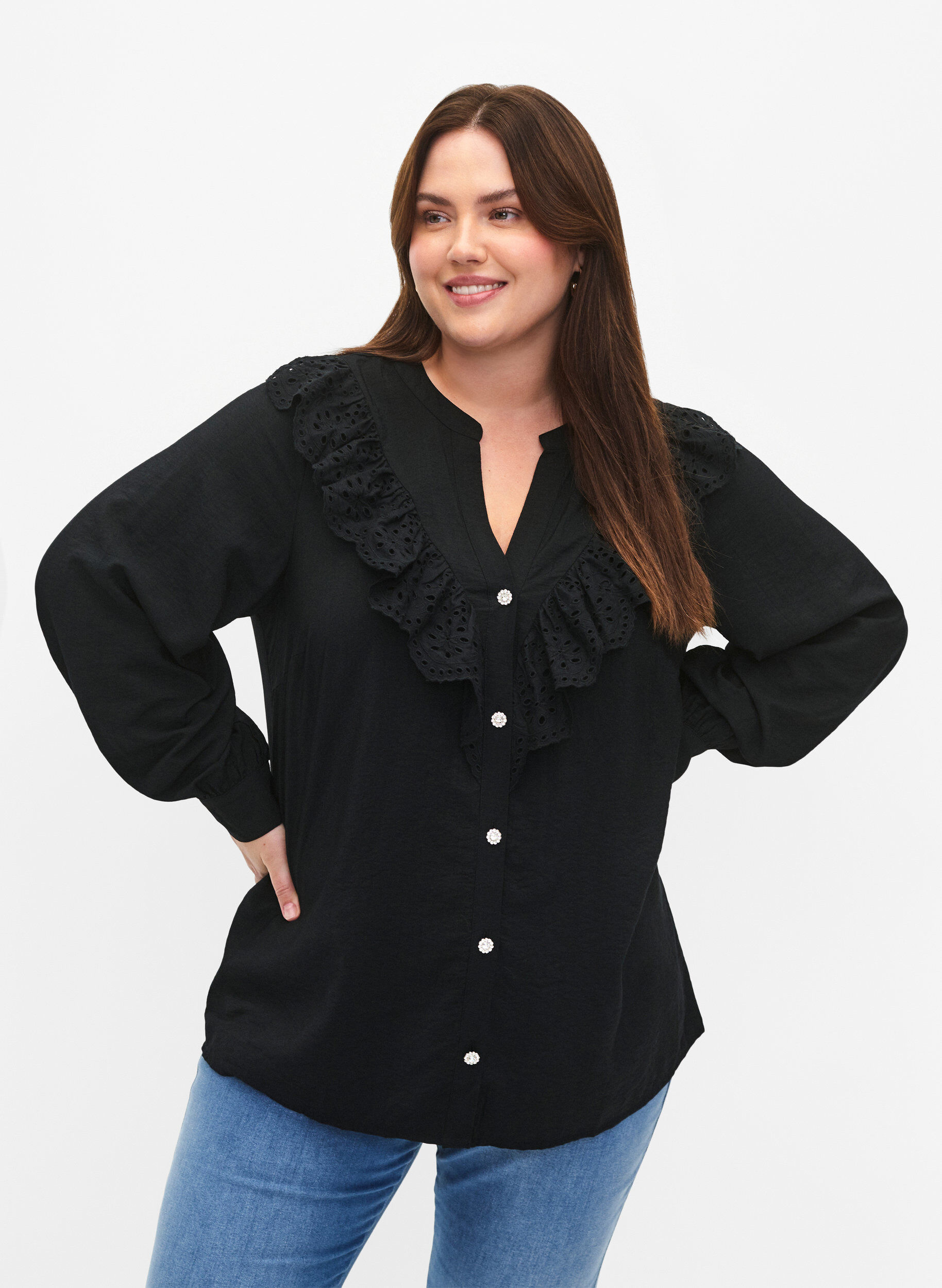 Zizzi Viscose overhemdblouse met ruches, Black, Model image number 0