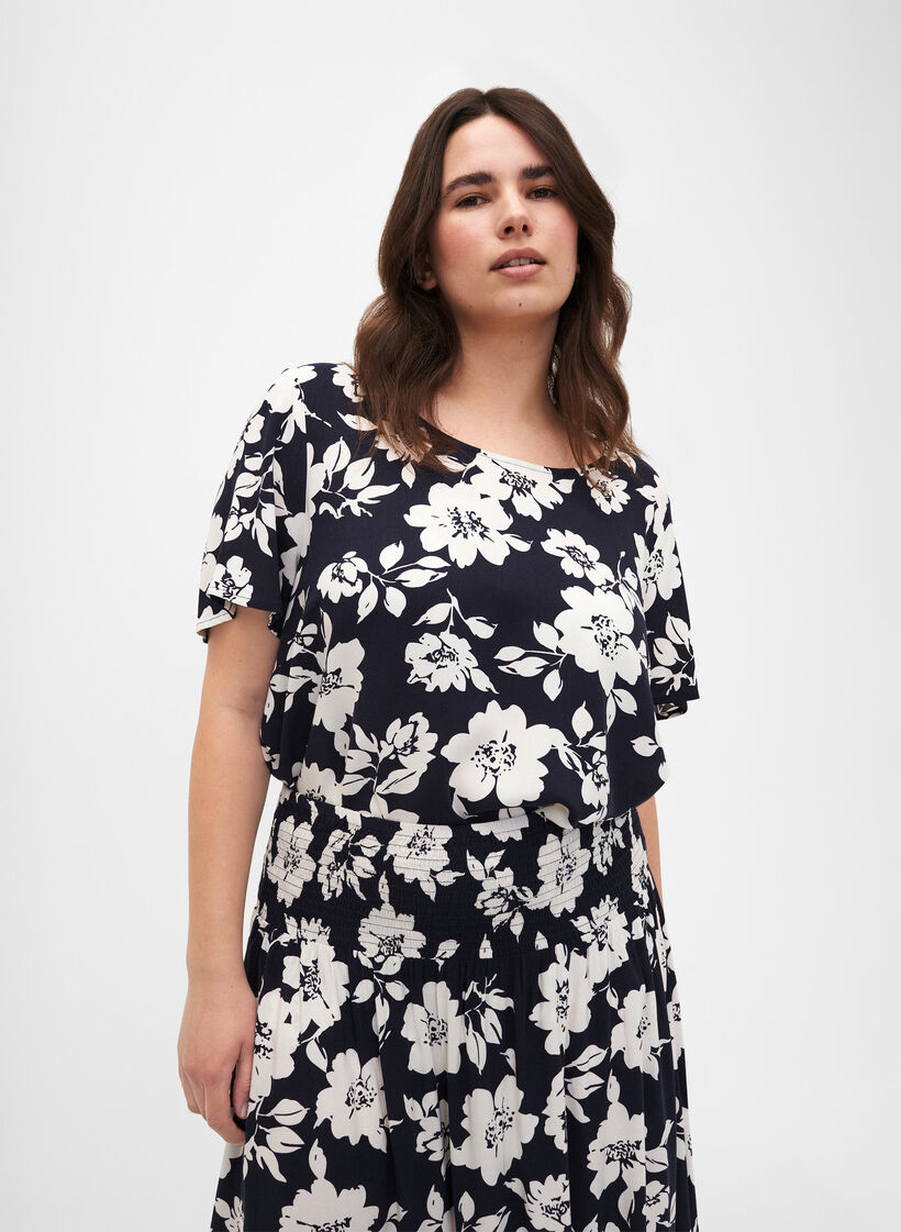 FLASH - Viscose blouse met korte mouwen en print, Blauw, Model image number 0