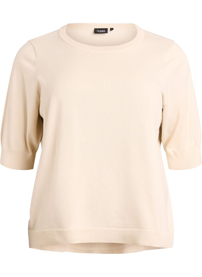 Fijngebreide blouse met korte mouwen, Beige, Packshot image number 0