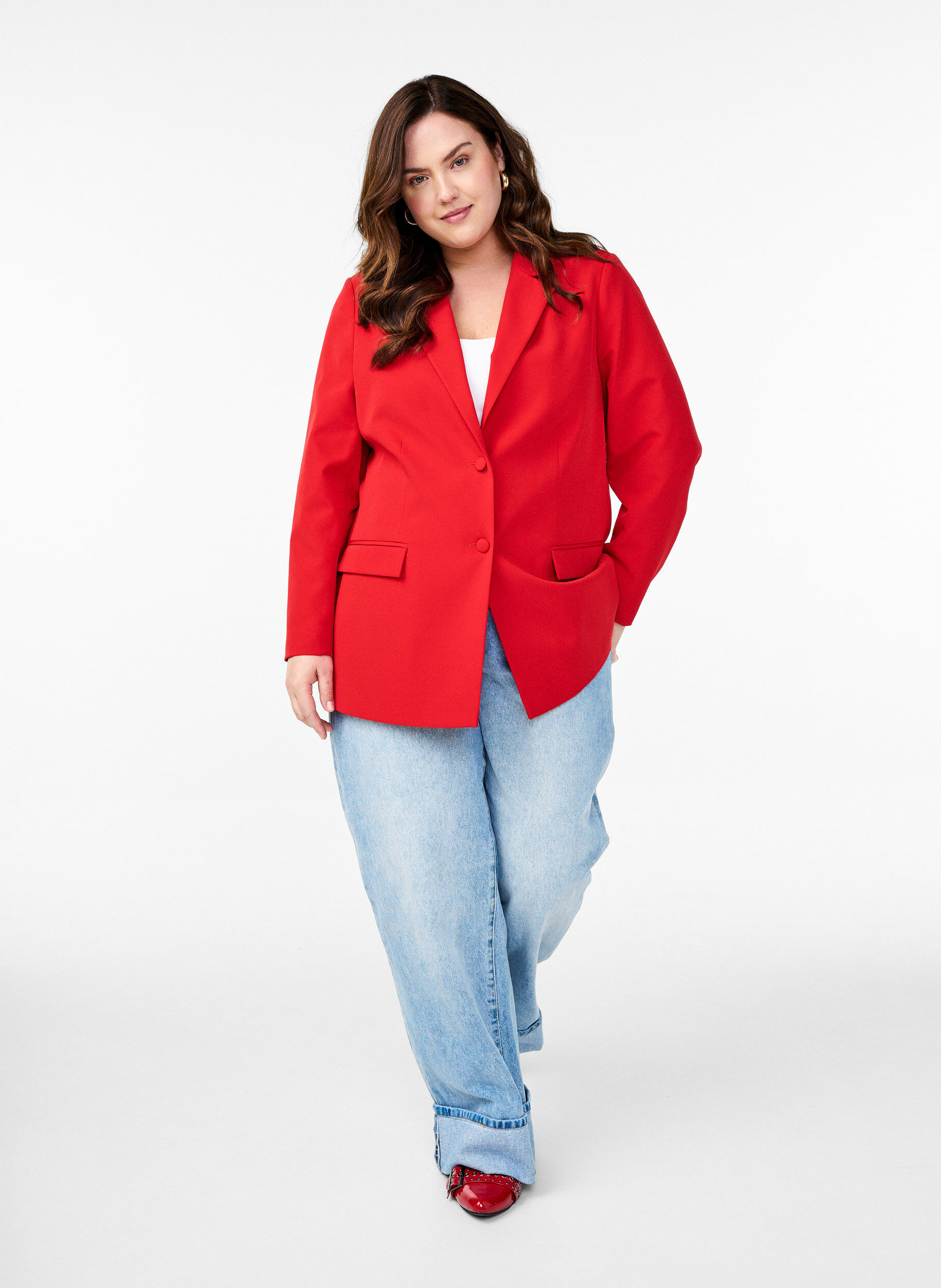 Zizzi Klassieke blazer met knoopsluiting, Rood, Model image number 1