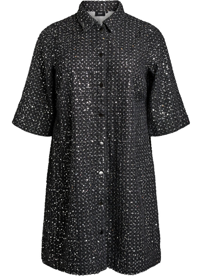 Denim jurk met pailletten en 3/4-mouwen, Zwart, Packshot image number 0