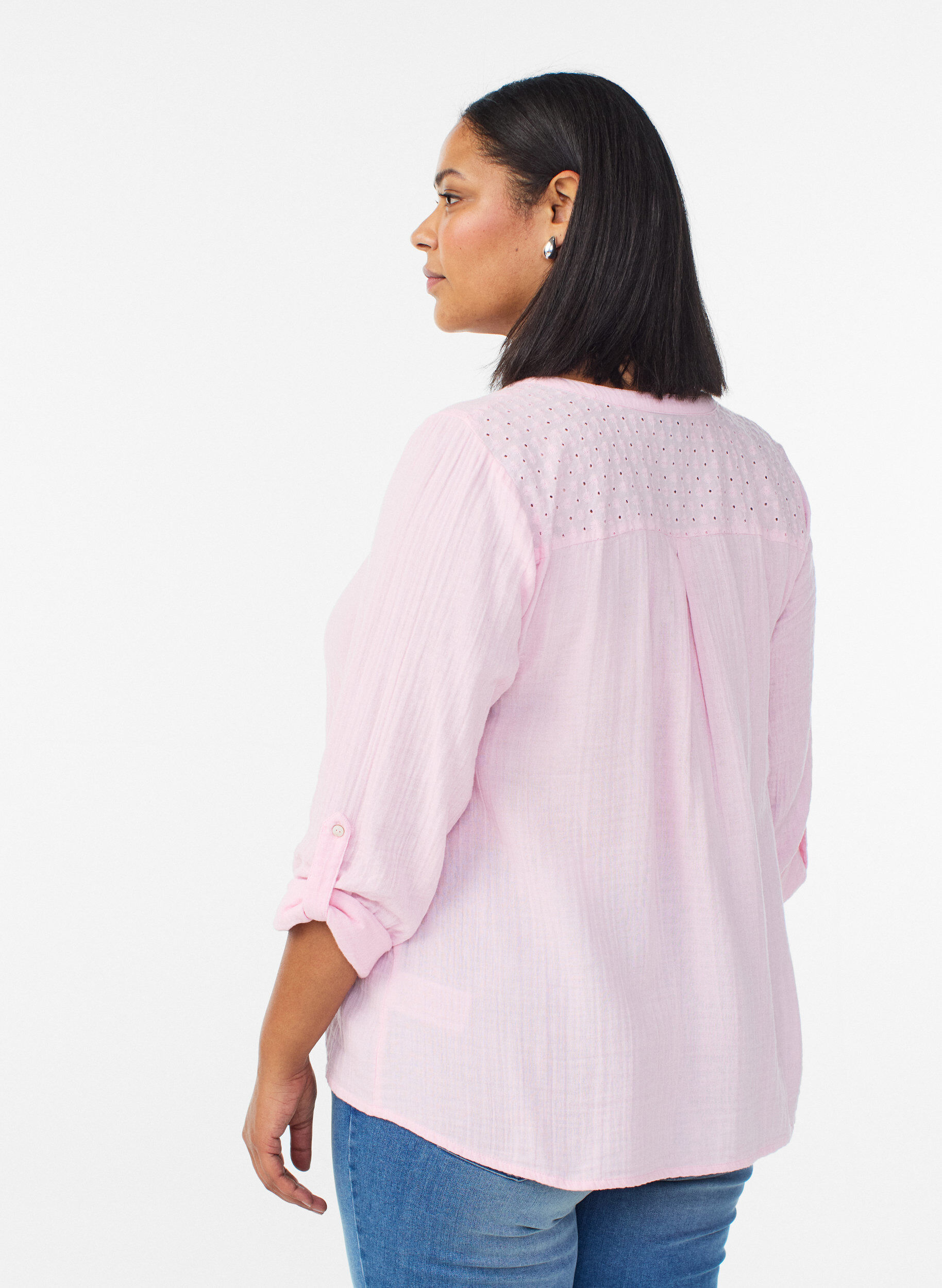 Zizzi Blouse in katoenen mousseline met broderie anglaise, Roze, Model image number 2