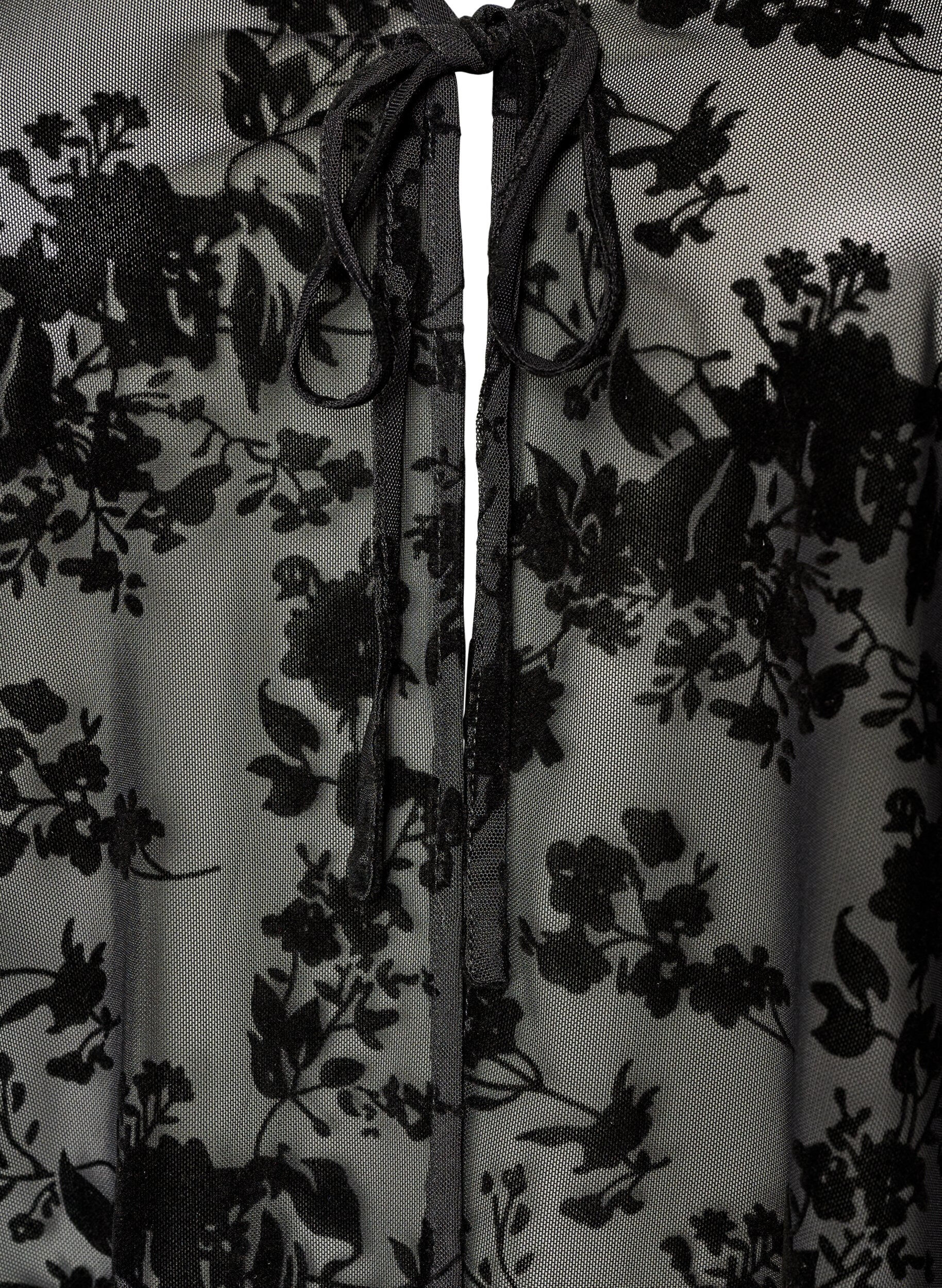 ZizziMesh blouse met bloemenpatroon en open voorkant, Zwart, Packshot image number 2
