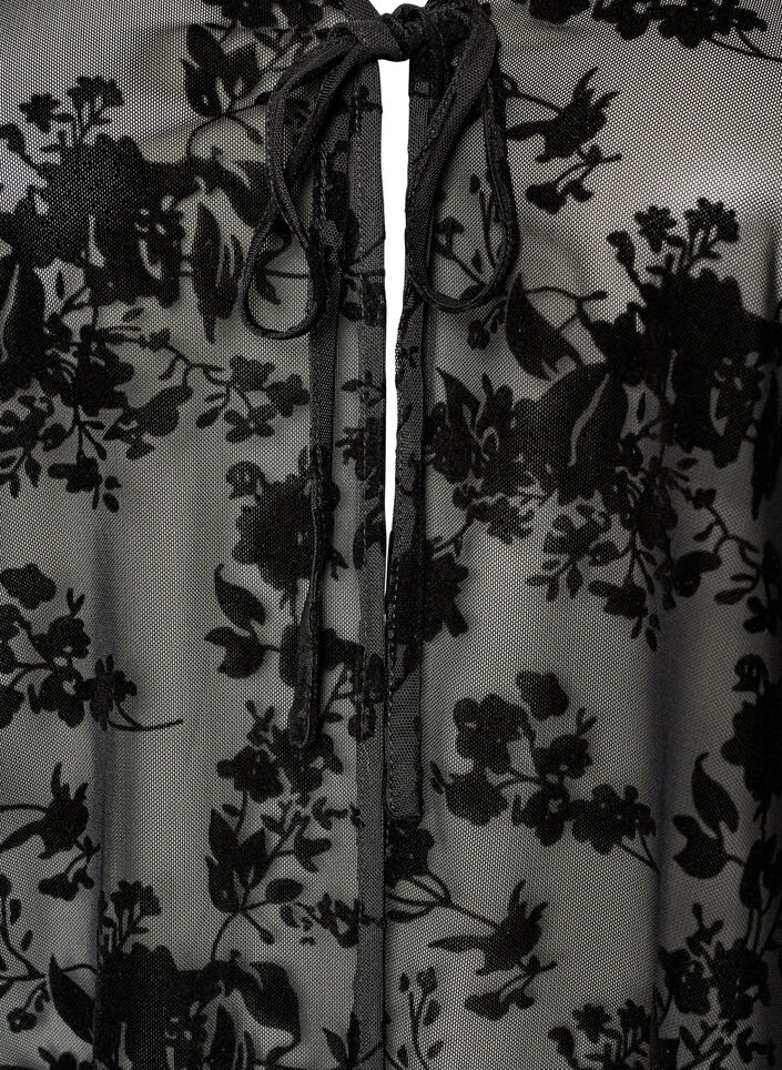 Mesh blouse met bloemenpatroon en open voorkant, Zwart, Packshot image number 2