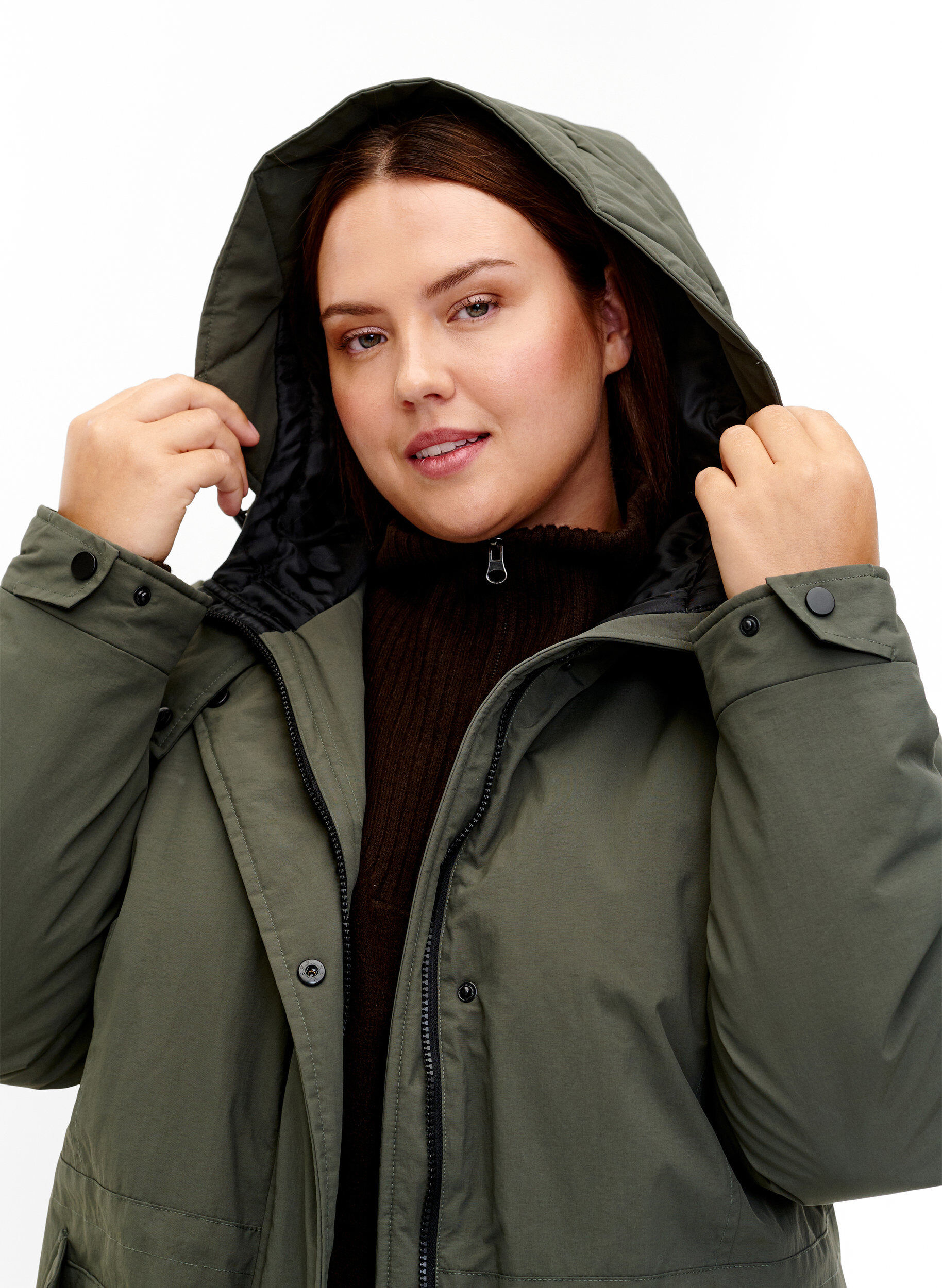 Zizzi Parka jas met kap en verstelbare taille, Black Olive, Model image number 3