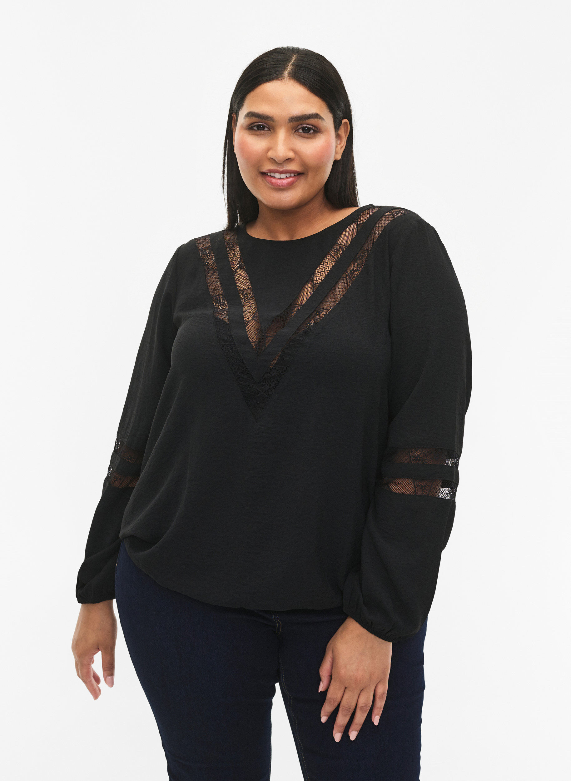 Zizzi Blouse met lange mouwen en kant, Black, Model image number 0