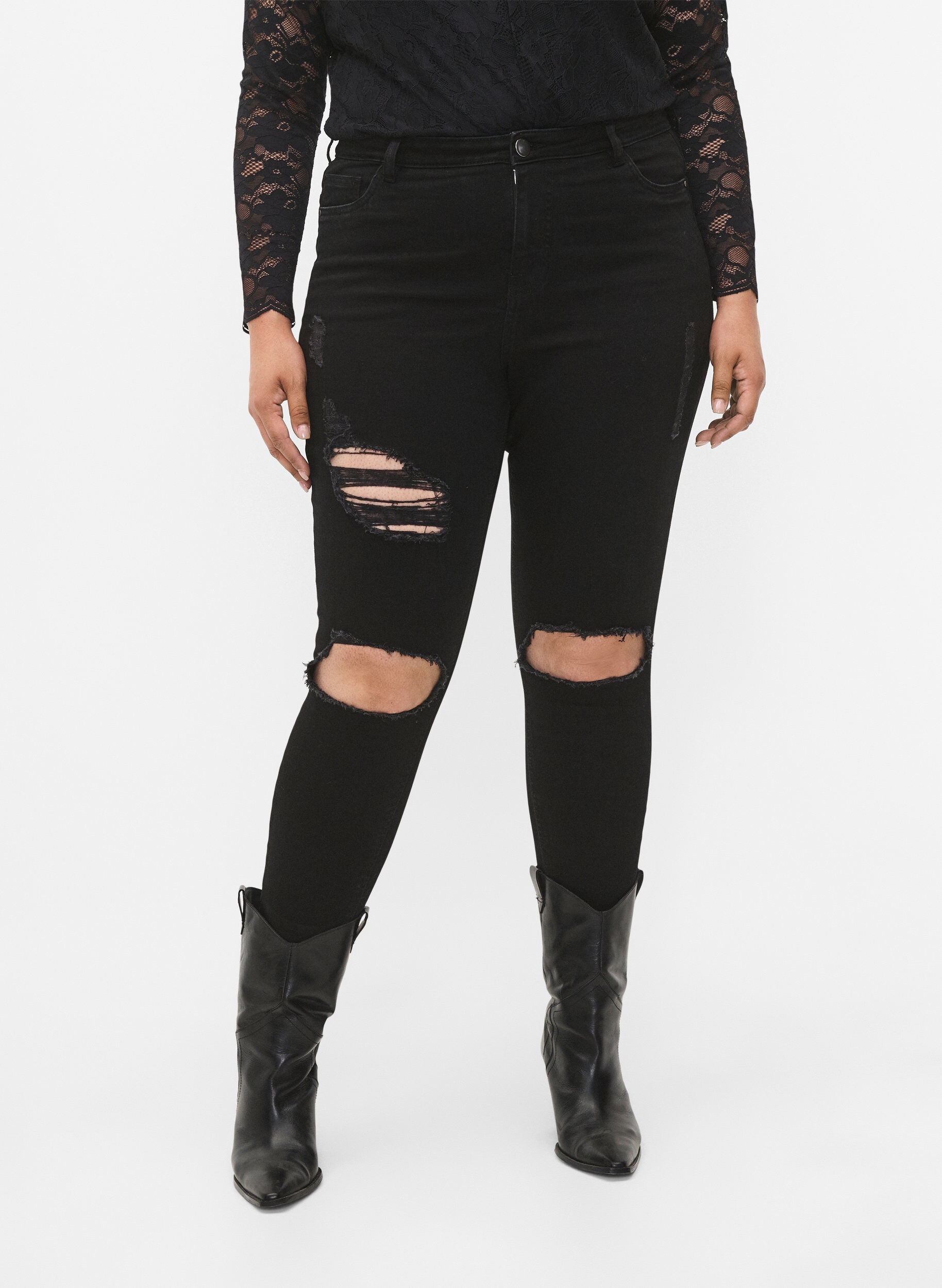 Zizzi Strakke jeans met slijtagedetails, Black, Model image number 2