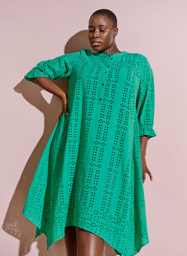 Katoenen jurk met borduursel anglaise, Holly Green, Image image number 0