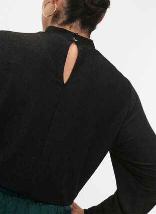 Glitter blouse met lange mouwen, ronde hals en V-detail, Black Black, Model image number 2