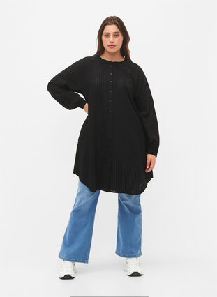 Lange viscose shirt met gestreept patroon, Black, Model image number 2