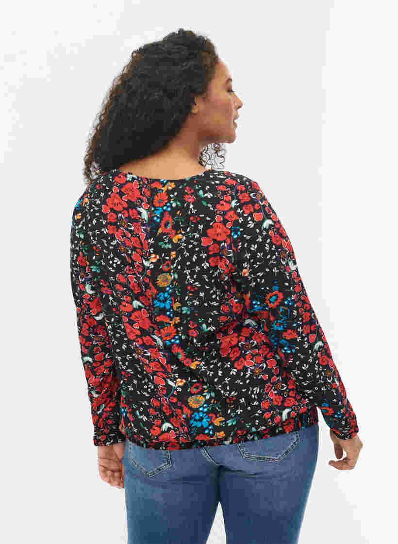 Gebloemde viscose blouse met smok, Black Flower, Model image number 1