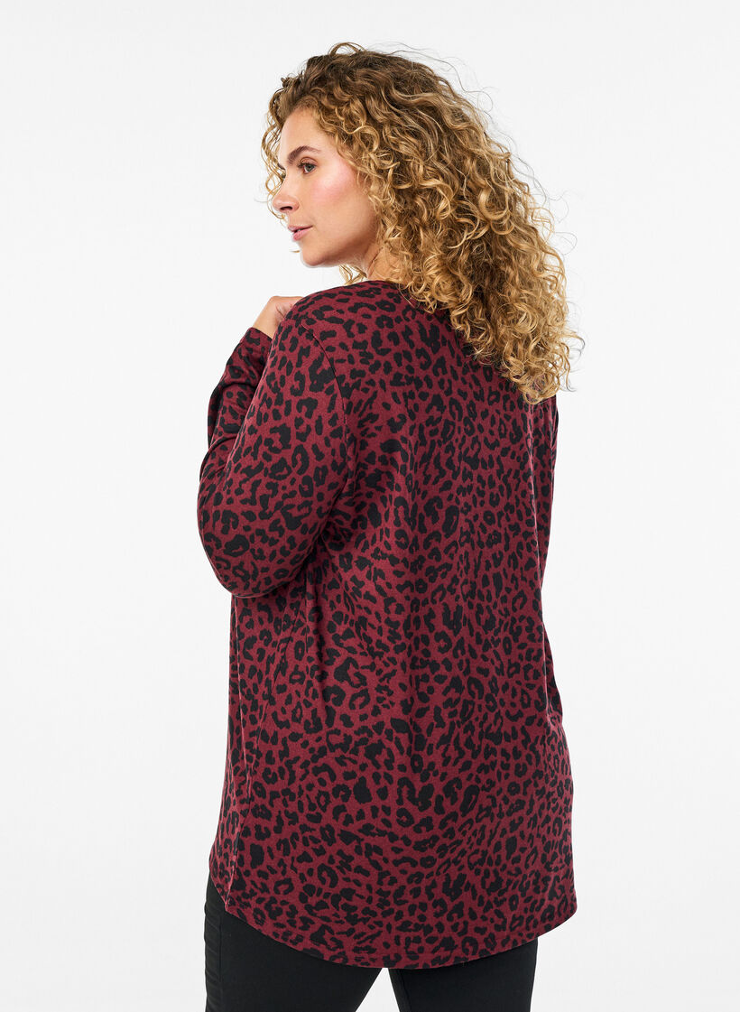 Luipaardprint blouse met lange mouwen, Donker Bordeaux, Model image number 2