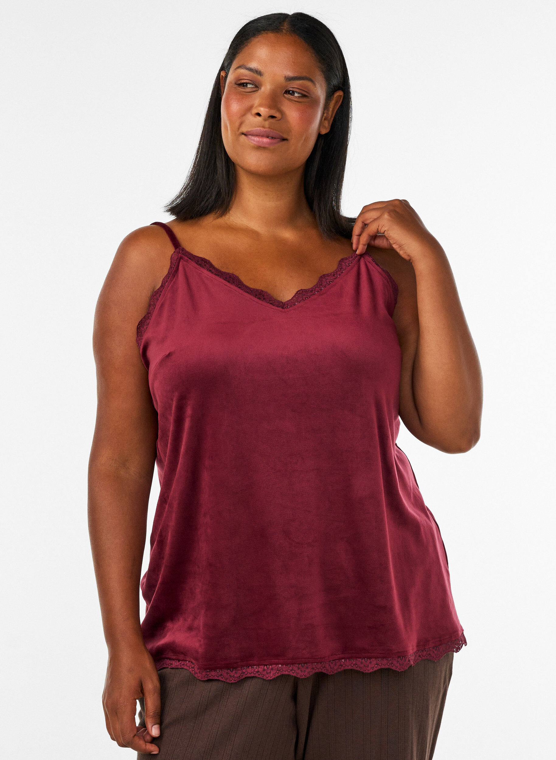 Velour top met kanten rand, Rood, Model