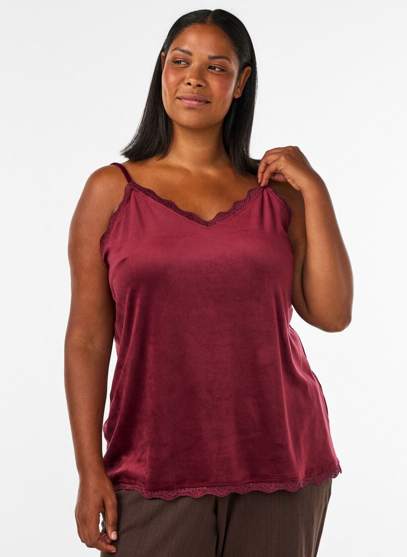 Velour top met kanten rand, Rood, Model image number 0