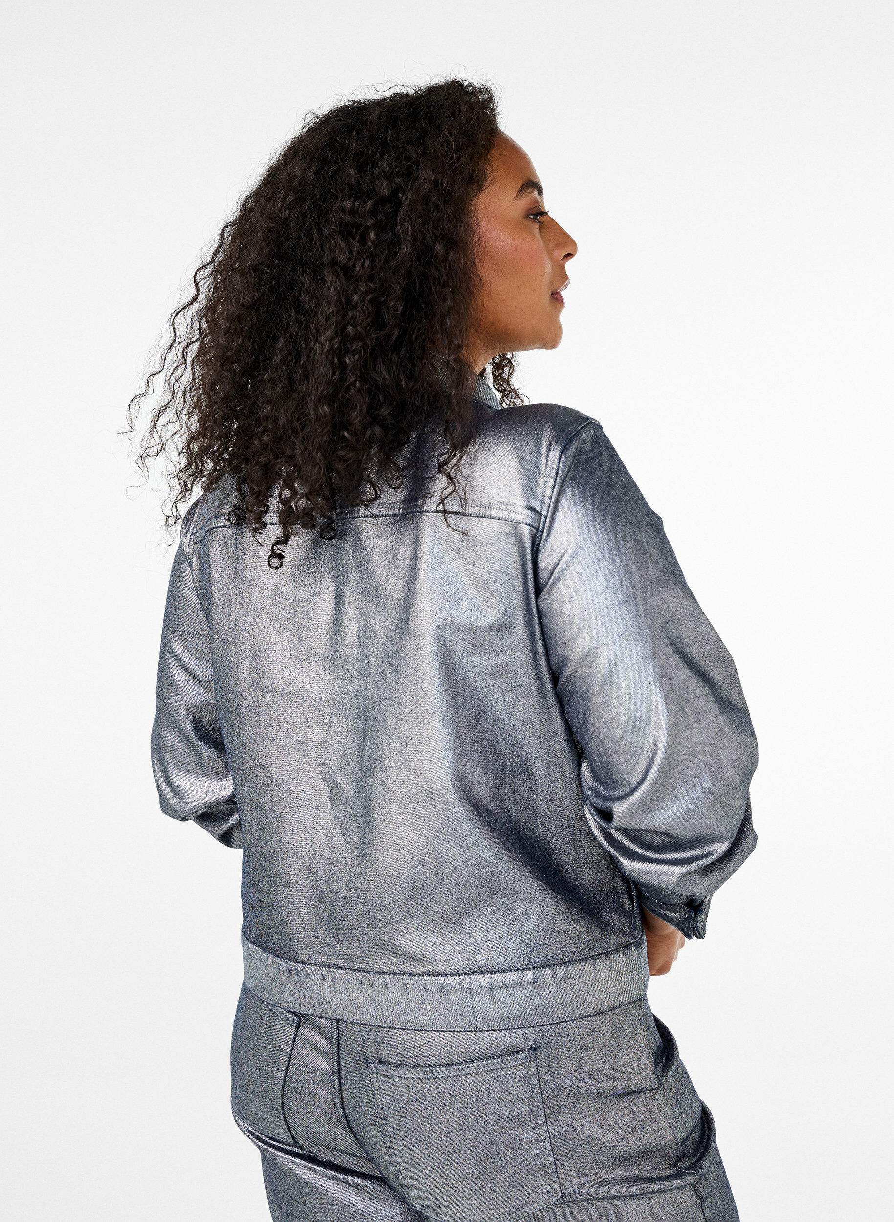 Zizzi Zilvergelaagde denimjack, Gun Silver, Model image number 1