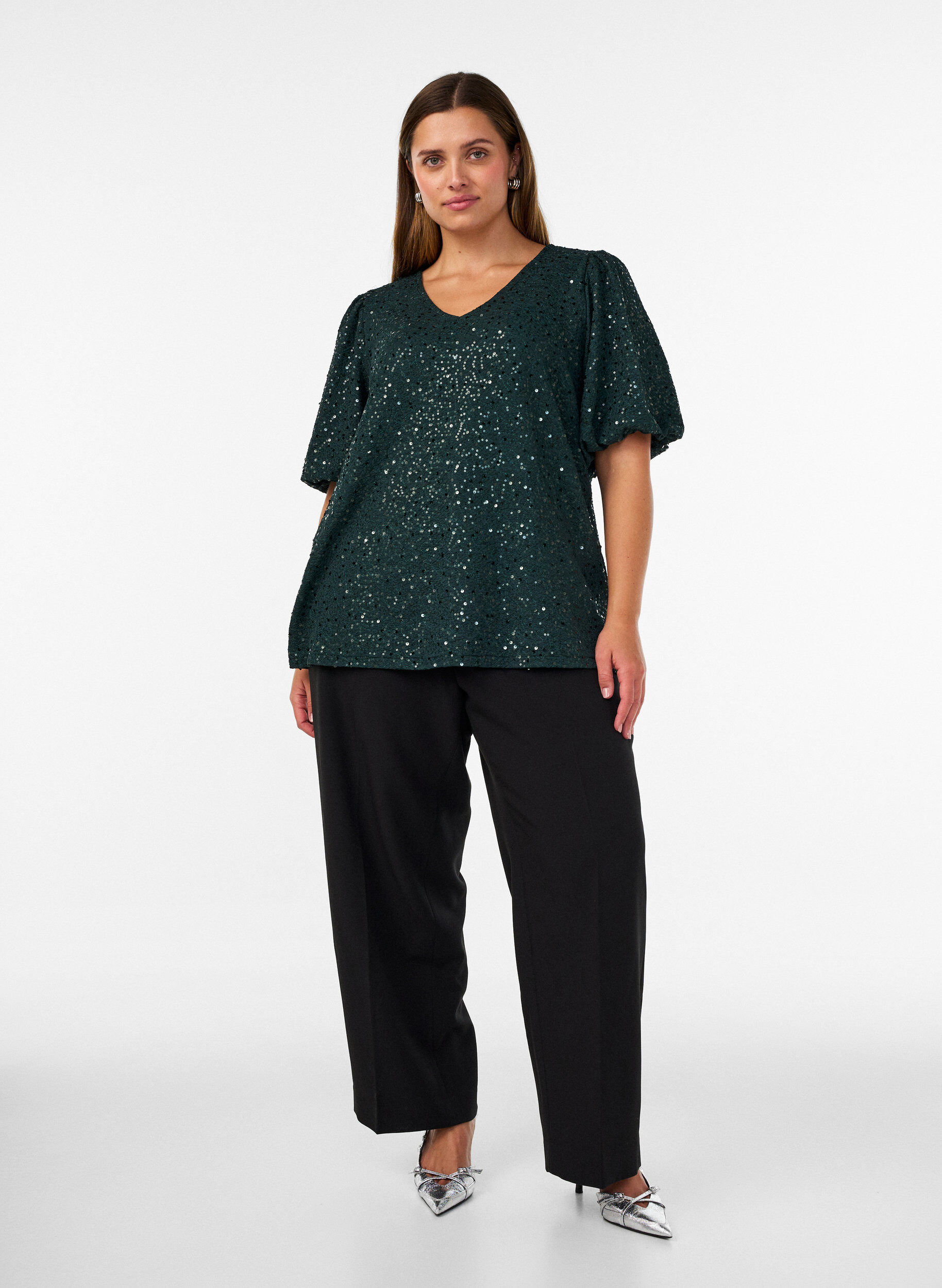 ZizziBlouse met pailletten en ballonmouwen, Groen, Model image number 1