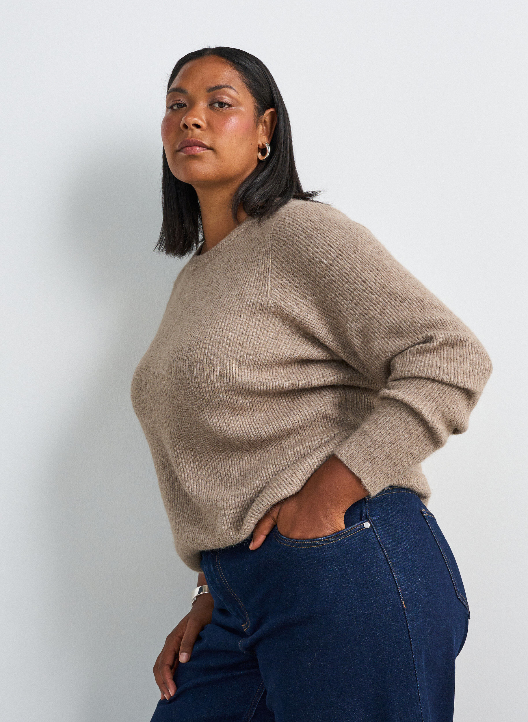 ZizziGem&ecirc;leerde gebreide blouse met ronde hals, Beige, Model image number 0