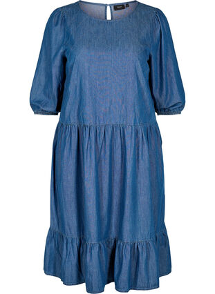 Denim jurk van katoen met 3/4 mouwen, Blue, Packshot image number 0