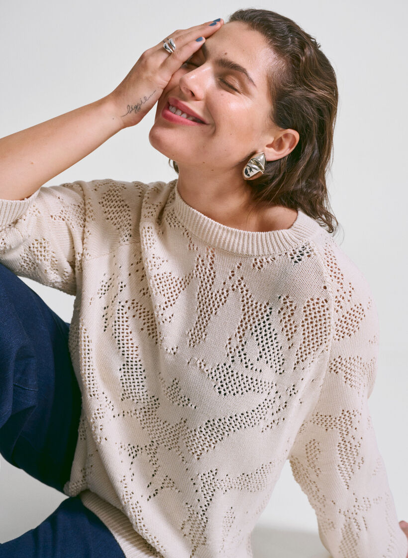 Gebreide blouse met een opengewerkt patroon en 3/4 mouwen, Birch, Image image number 0