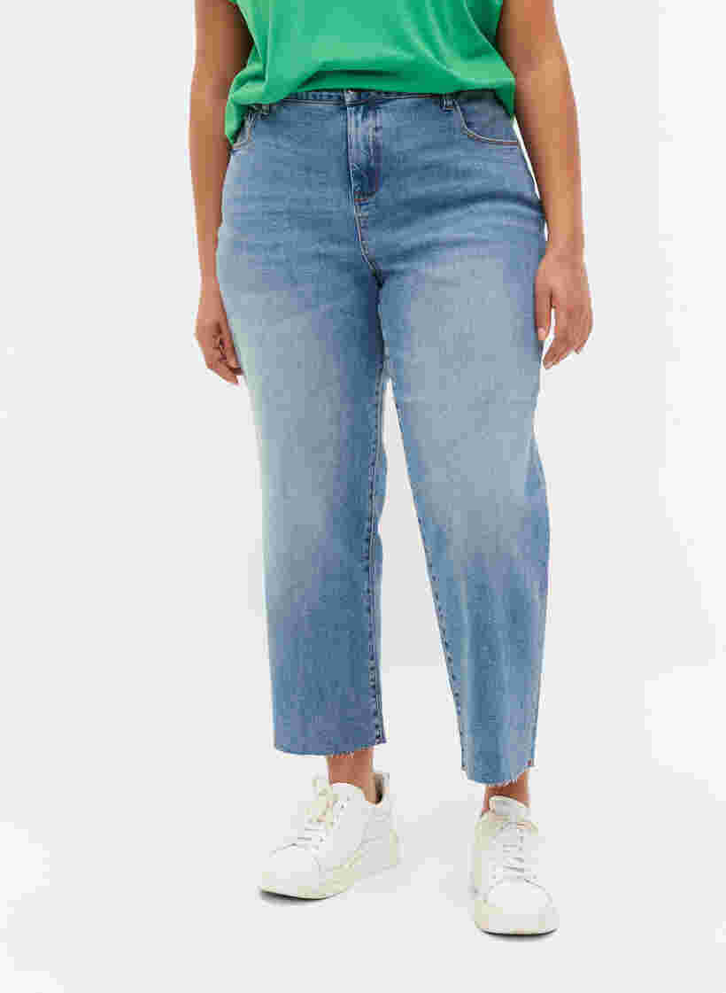 7/8 jeans met ruwe randjes en hoge taille, Light blue denim, Model image number 3