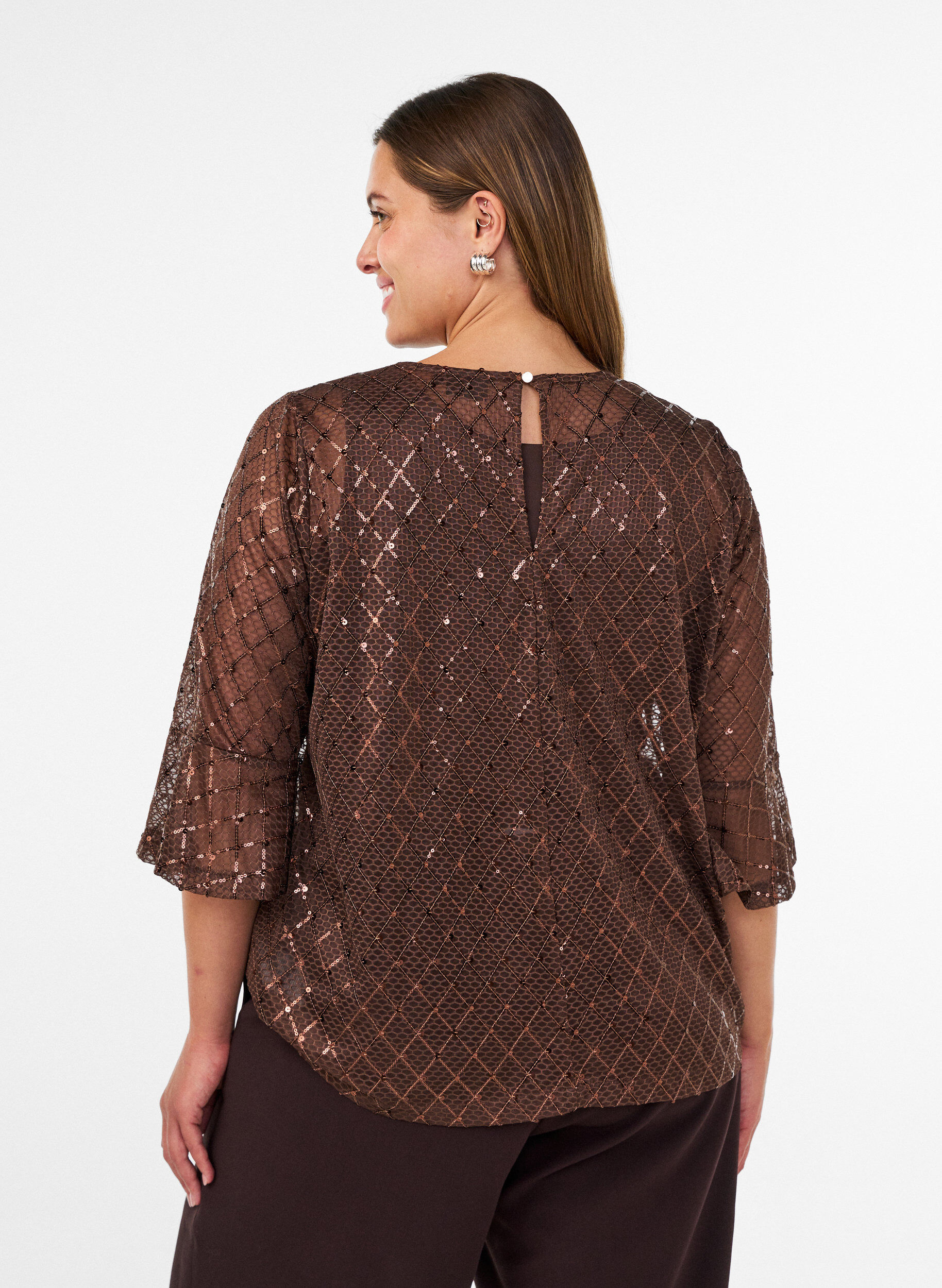 ZizziDoorschijnende blouse met pailletten en een ruitpatroon, Bruin, Model image number 2