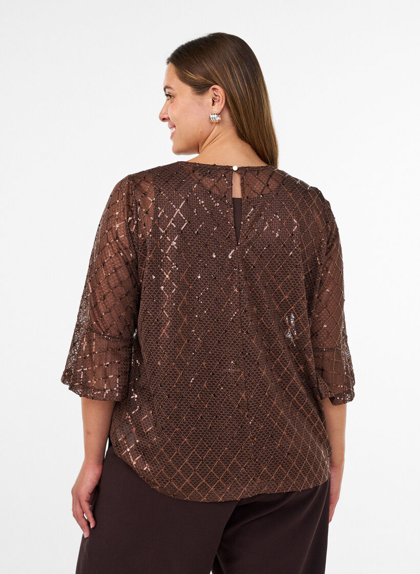 Doorschijnende blouse met pailletten en een ruitpatroon, Bruin, Model image number 2