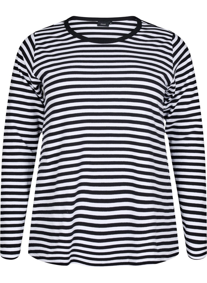 Gestreepte blouse met lange mouwen, Zwart, Packshot